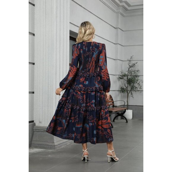 Navy Fall Floral Smocked Dress with Puff Sleeves - Perfect for Any Occasion - Picture 3 of 6